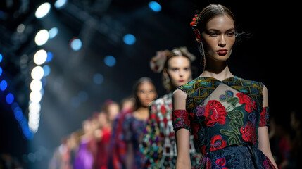 Models showcase the latest clothing designs on a runway during a fashion show at Fashion Week.